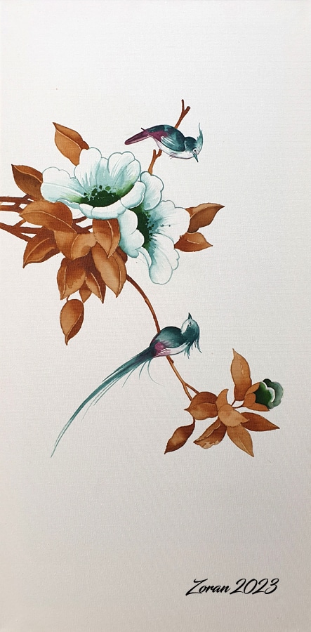 dessin oiseaux avec fleurs verte